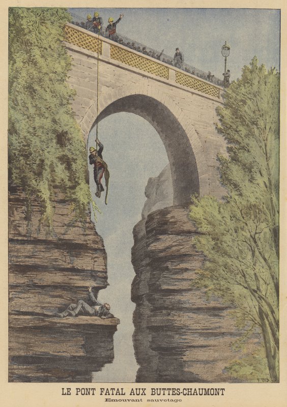 Rescue of an attempted suicide at the bridge in the Parc des Buttes-Chaumont, Paris by after Henri Meyer