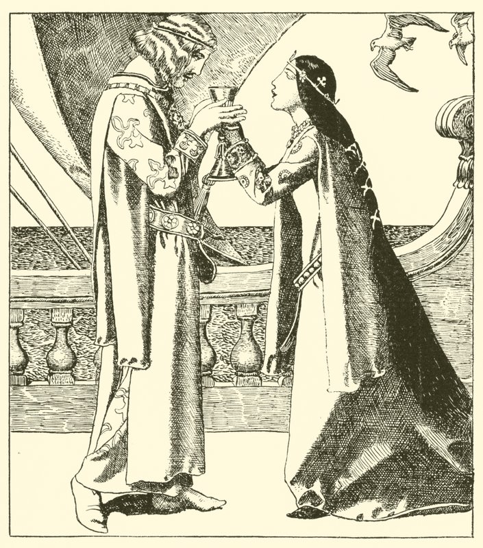 Belle Isoult and Sir Tristram drink the love draught by after Howard Pyle