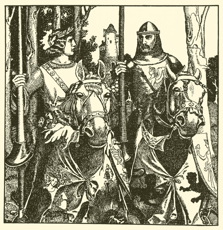Sir Percival and Sir Lamorack ride together by after Howard Pyle