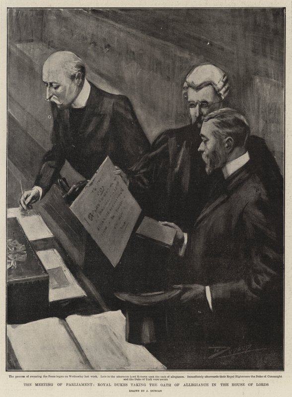 The Meeting of Parliament, Royal Dukes taking the Oath of Allegiance in the House of Lords by after John Duncan