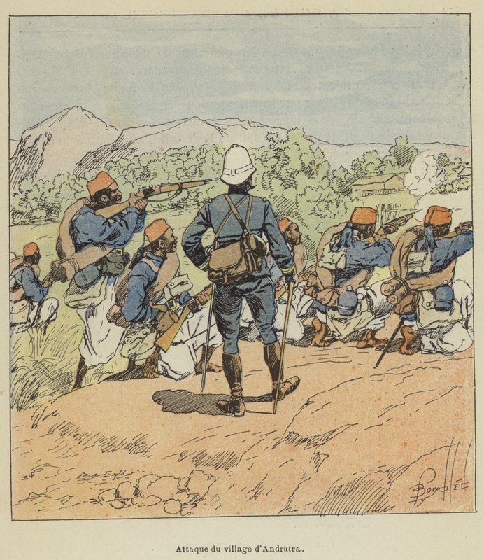 Attack on the Village of Andratra by after Louis Charles Bombled