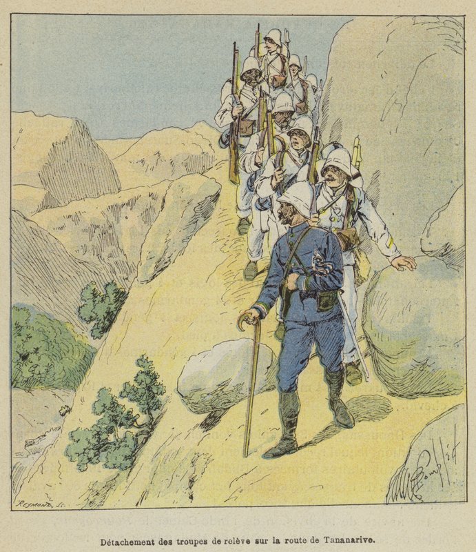 Detachment of relief troops on the road to Tananarive by after Louis Charles Bombled