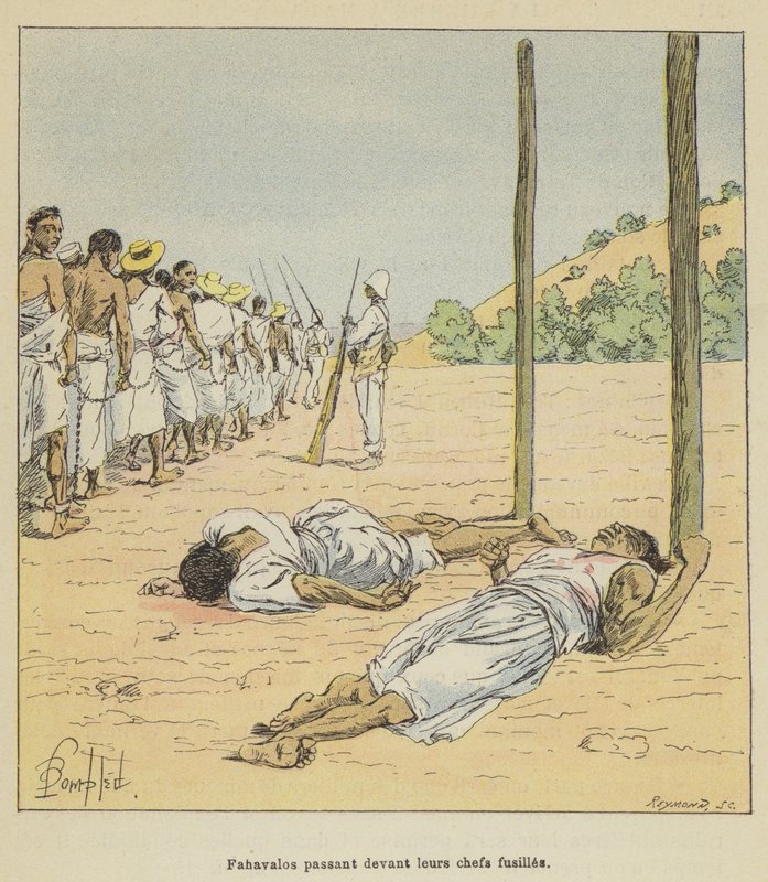 Fahavalos passing in front of their executed chiefs by after Louis Charles Bombled