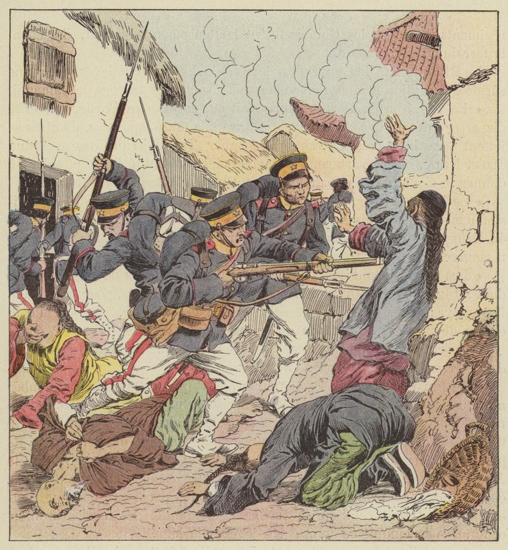 The Japanese Massacre the Chinese in Port-Arthur by after Louis Charles Bombled