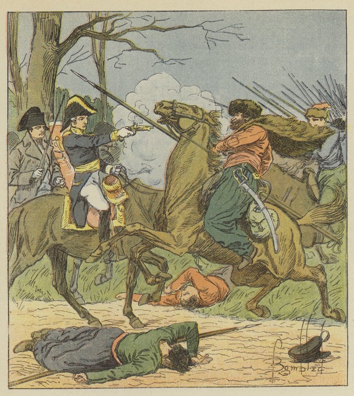 Napoleon surprised at Brienne by the Cossacks by after Louis Charles Bombled