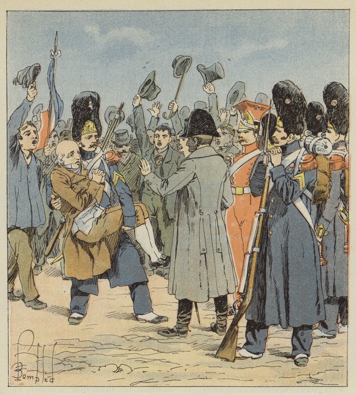 A grenadier from the island of Elba brings Napoleon his nonagenarian father, carrying him in his arms by after Louis Charles Bombled