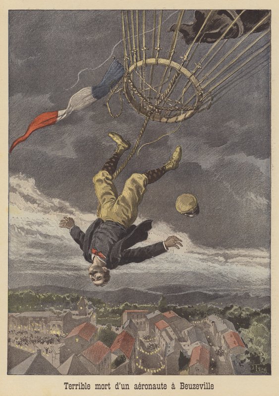 Terrible death of a balloonist at Beuzeville by after Oswaldo Tofani