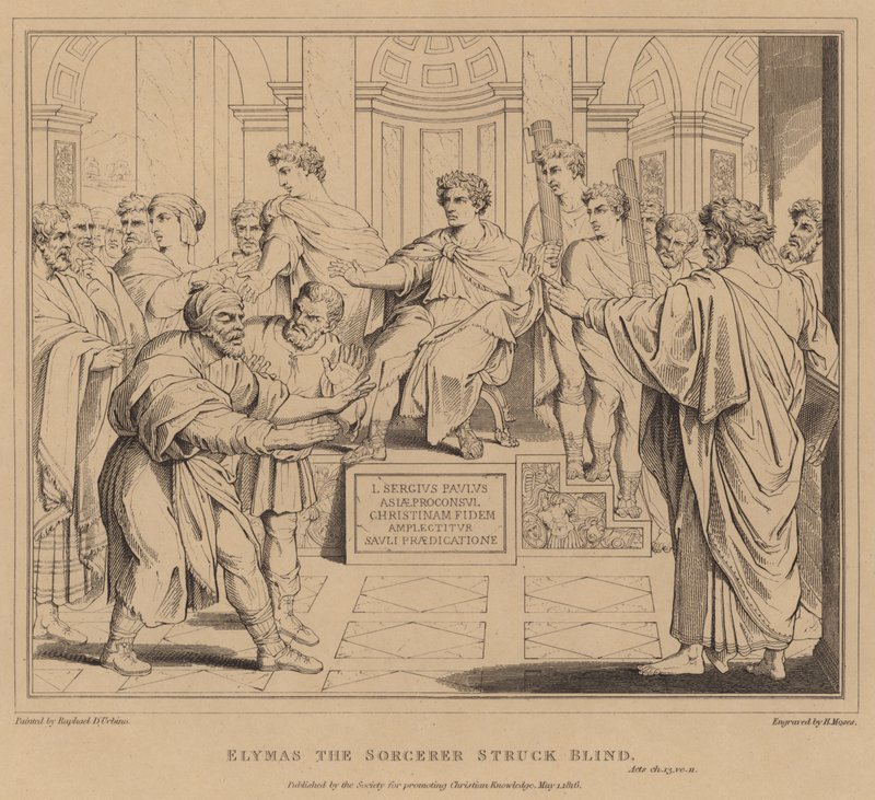 Elymas the Sorcerer struck blind, Acts by after Raphael