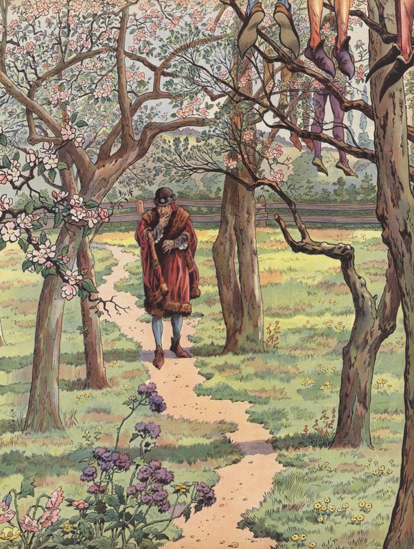 Louis XI of France walking through an orchard in spring with the bodies of hanged men suspended from the trees by Onfray de Breville Job