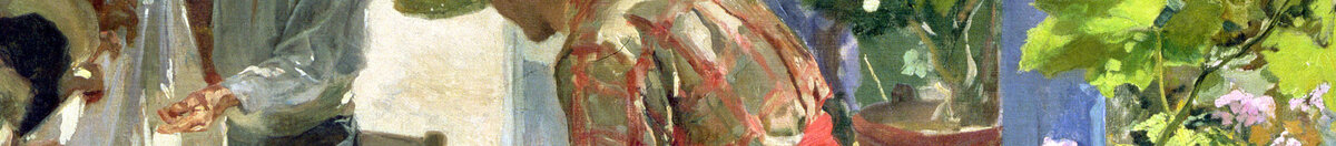 Mending the Sail, 1896 (Joaquín Sorolla), Detail: Mann mit Strohhut und rotem Gürtel