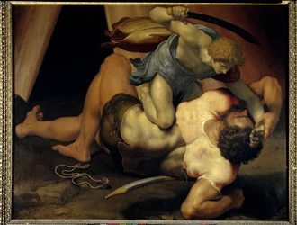 David and Goliath. Painting on double-sided slate by Daniele da Volterra (1509-1566), Italian school, 16th century, 1.33 x 1.72 m, Paris, Musée du Louvre