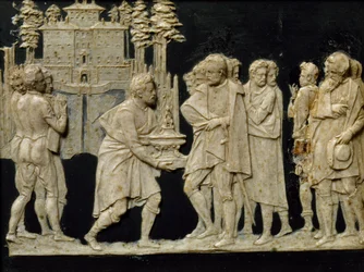 Presentation to Francesco I of model fountain in Pratolino, by Jean de Boulogne aka Giambologna, wax tile