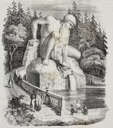 Colossus of the Apennines (by Giambologna) in the park of Villa Demidoff (Villa Medicea di Pratolino), Vaglia, Tuscany, Italy, lithograph by Giovanni Mariani from Poliorama Pittoresco, no. 10, October 15