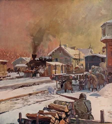 Battle between Red and White troops at a railway station, Russian Civil War