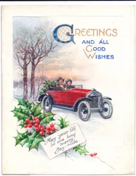 Original Artwork for a Christmas Card of a Red Car and Holly, Circa 1951