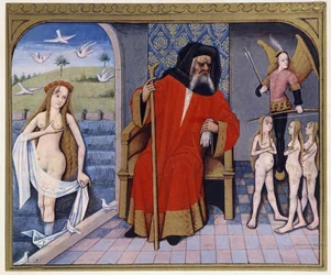 Aphrodite, Hephaistos, Eros (Cupid) and Charities - from an illumination of the 15th century