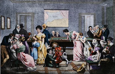 Billiard room in nineteenth century, engraved by Marlet
