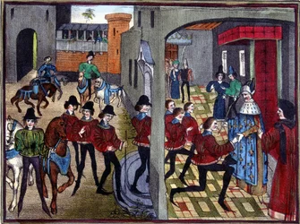 Charlemagne Receives the 4 Aymon Sons at the Court and Knights Them - After a 13th Century Miniature by Huon de Villeneuve