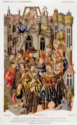Scene of the history of Fort Roy de Clovis. Mystery of the 15th century representing the foundation of the Church of St. Peter and St. Paul, today Saint Genevieve. Painted canvas of the city of Reims.
