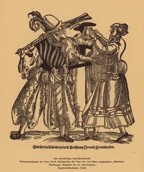 Jealous woman cutting off the nose of a rival for the affections of a Landsknecht (engraving)