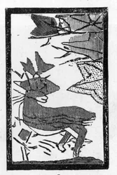 Japanese playing card with picture of a deer resting under an oak tree