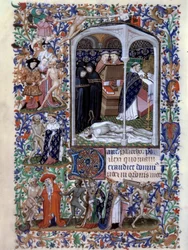 Scene of funeral ceremony and macabre dance. Miniature from Book of Hours for the Use of Paris illuminated by the Atelier du Maitre de Boucicaut, approximately 1415. Paris, B.N.