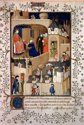 The Political Adventurer Peter the Fruitier Offers His Manuscript to King Charles VI (1368-1422). Miniature from 