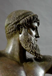 Greek Art: Poseidon (or Zeus), detail. Bronze sculpture attributed to sculptor Kalamis (480-460 BC). From Cape Artemision. Dimensions: 209 cm. Athens, National Archaeological Museum