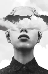 Paper collage art, cloud and abstract woman portrait
