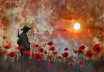 Silhouette of a soldier in a field of poppy flowers