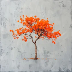 Minimalism Painting: Orange Leaf & Gray Background