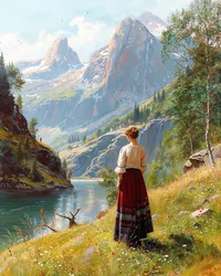 The Lady of the 19th Century Stands in a Green Valley among the Mountains