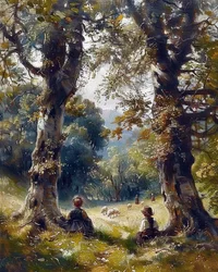 Children Sitting under Trees in the Forest