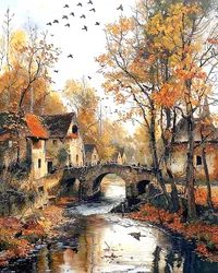 Traditional house and bridge over the river