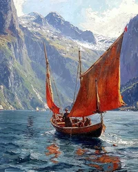 A Sailboat in a Valley Between the Mountains
