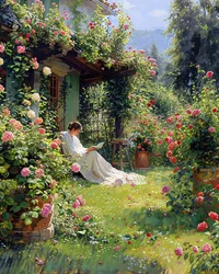 A Reading Woman Wearing a White Dress Reads a Book in Her Garden