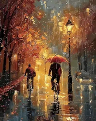 Cyclists cycling in the middle of a street in the rain