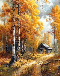 Traditional house in a birch forest