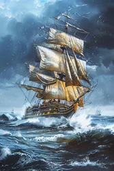 Frigate with full sails amidst a rough sea