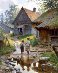Daily rural life. Village Street, Children in front of a wooden cabin