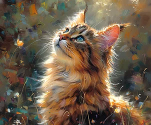Fluffy cat looking up, Cute pet Realistic painting