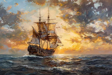 Pirate ship in the ocean at sunset