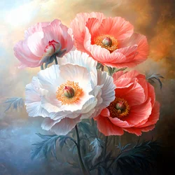 Oil Painting of Large Delicate Peonies & Poppies