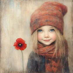 A girl in a field of poppies with a picture of a girl in a flower