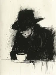 Black Minimalist Sketch of a Man Drinking Coffee