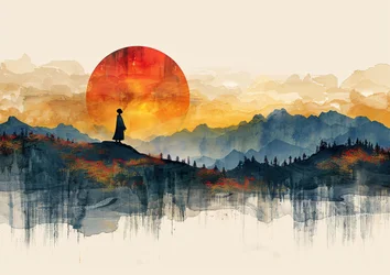 Geisha Standing, Minimalist Landscape & Sunset