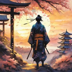 Japanese Samurai in a Temple on a Mountain, Pink Colors