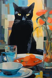 Black Cat Dining on a Plate of Flowers