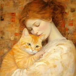 Young Woman Hugs Her Kitten in the Bloch Bauer Style