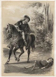 Jacques Amyot (1513-1593), rescued, at the age of 10 by a traveller. Engraving by A. Duruy in Illustrations litteraires de la France; or, Galerie anecdotique de nos principaux auteurs ints par leurs actions et leurs inscriptions by J.B. Maigrot. 1865